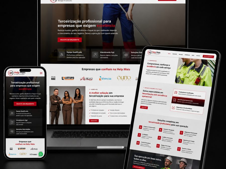 Site institucional da Help Mais Serviços, terceirização profissional com depoimentos de clientes