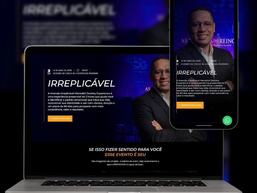 Página de vendas do evento Irreplicável, imersão presencial com inscrição e detalhes do evento